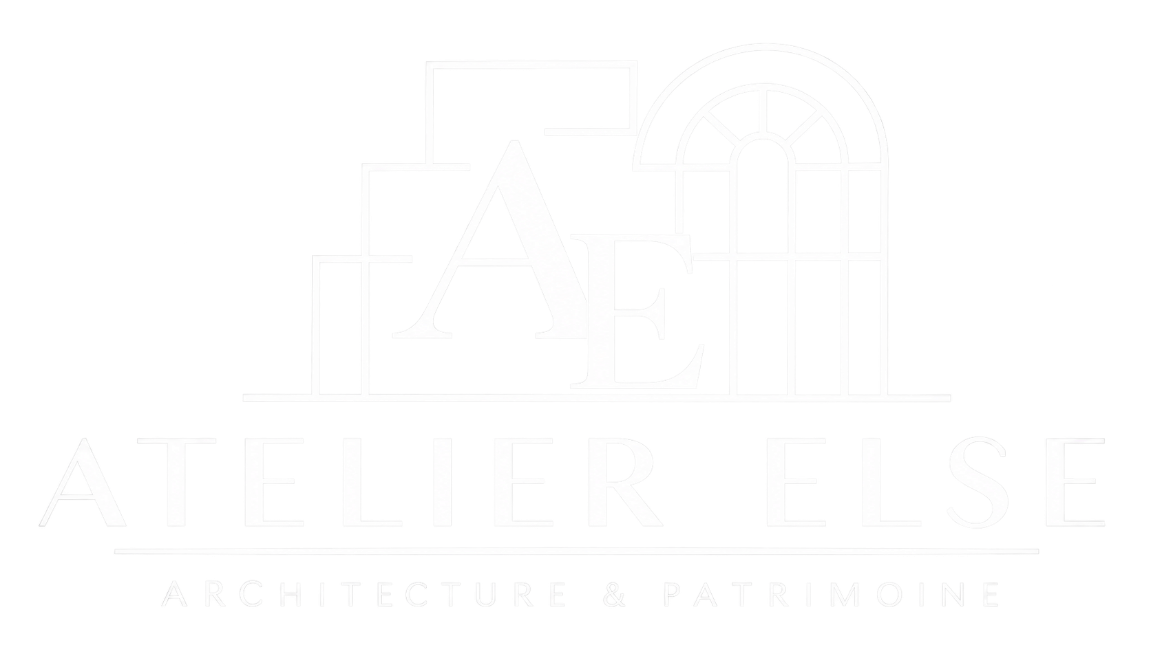 Logo d'Atelier Elise, spécialisé en architecture et patrimoine, avec une illustration de fenêtres et portes stylisées.