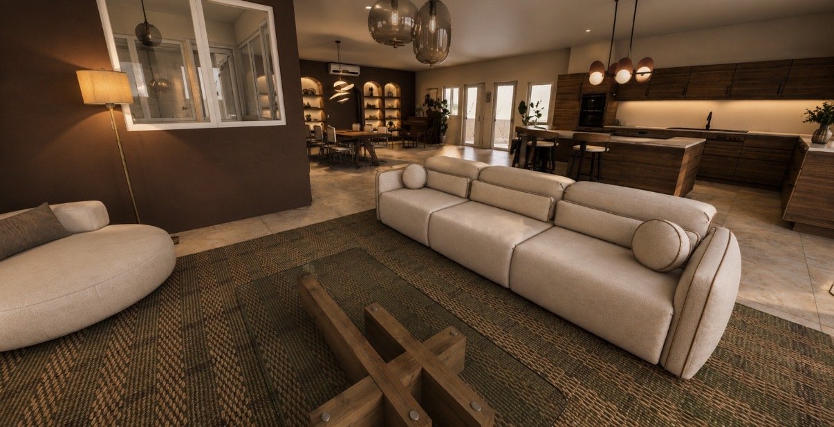 Salon moderne avec canapé beige, tapis tissé, lampadaire, cuisine en arrière-plan avec îlot en bois, plafond avec pendentifs, salle à manger visible à l'arrière.