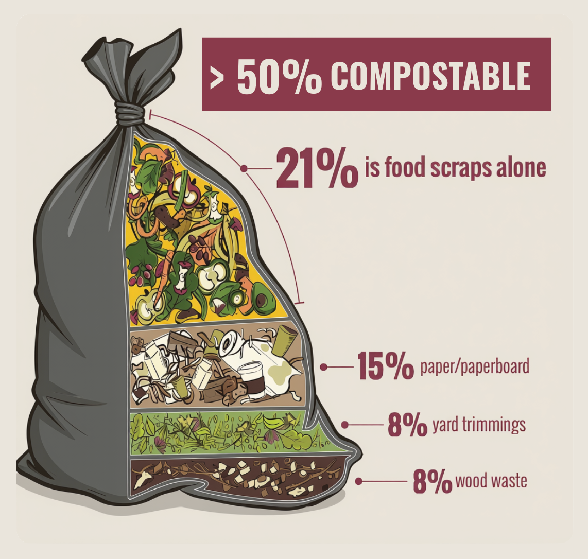 Infographic of a trash bag filled with different waste types, showing breakdowns of waste composition: 21% food scraps, 15% paper/paperboard, 8% yard trimmings, and 8% wood waste, with a label indicating over 50% is compostable.