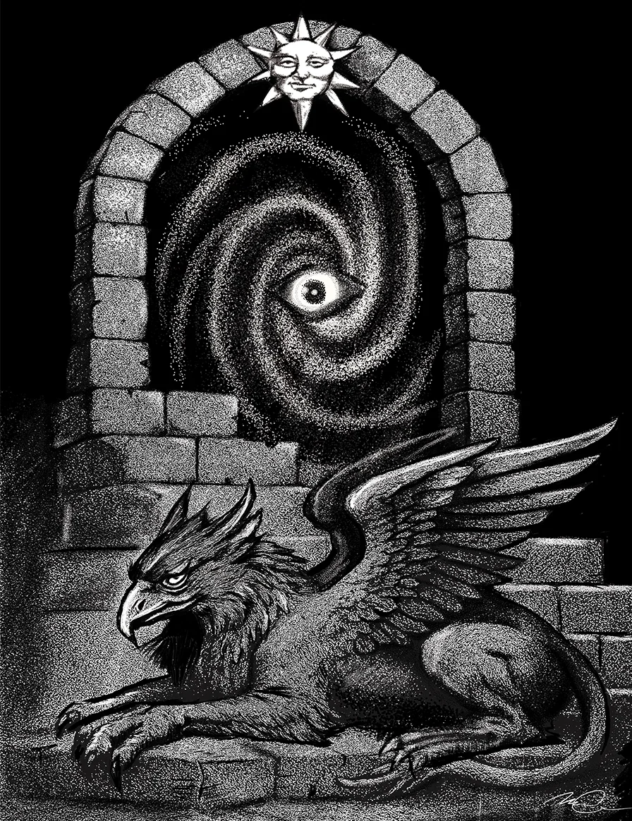 A black and white fantasy-style illustration featuring a griffin, a mythical creature with the body of a lion and the head and wings of an eagle, resting on a stone surface. Behind it, there is a stone archway with a spiral galaxy pattern, an eye in 