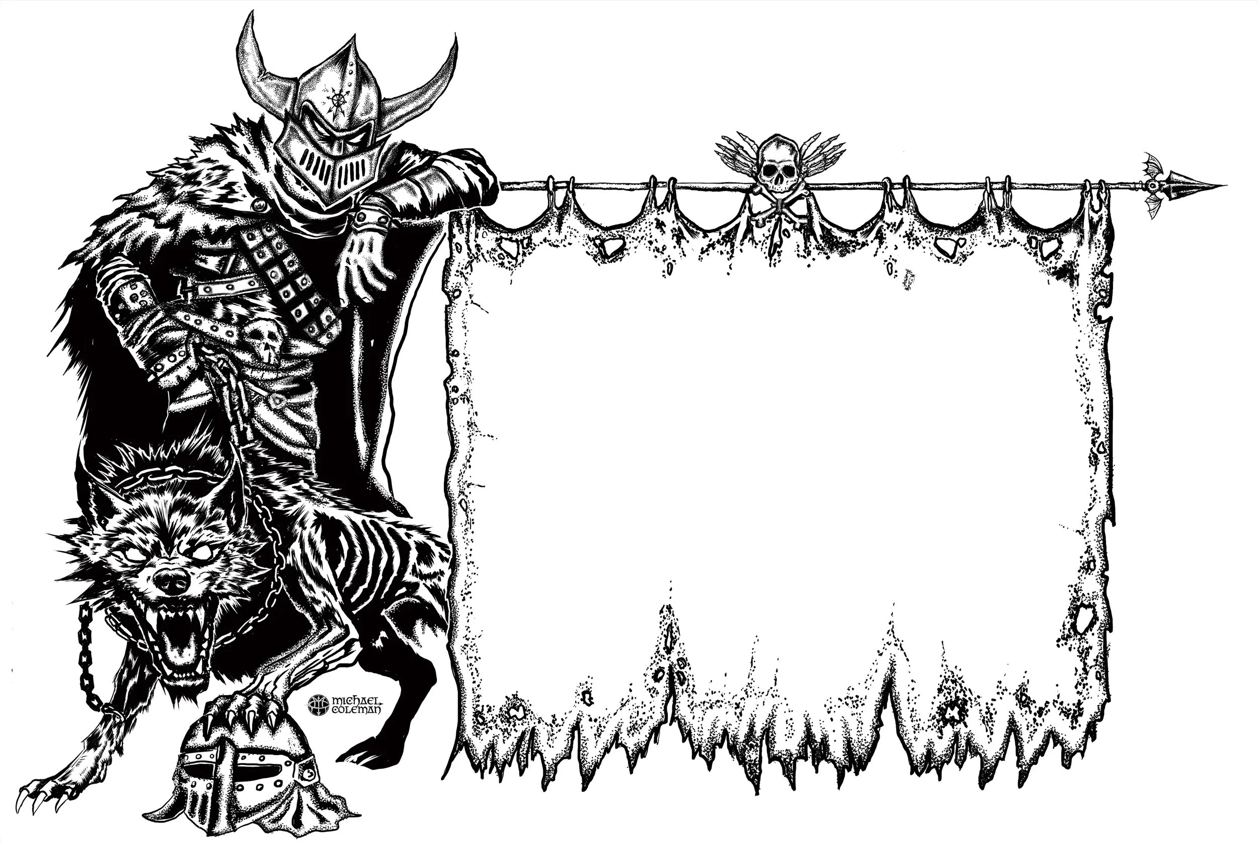 A black and white illustration of a fearsome warrior wearing a horned helmet and armor, riding a snarling wolf with a spiked collar, holding a banner with a skull and skeletal wings, and an arrow at the top.