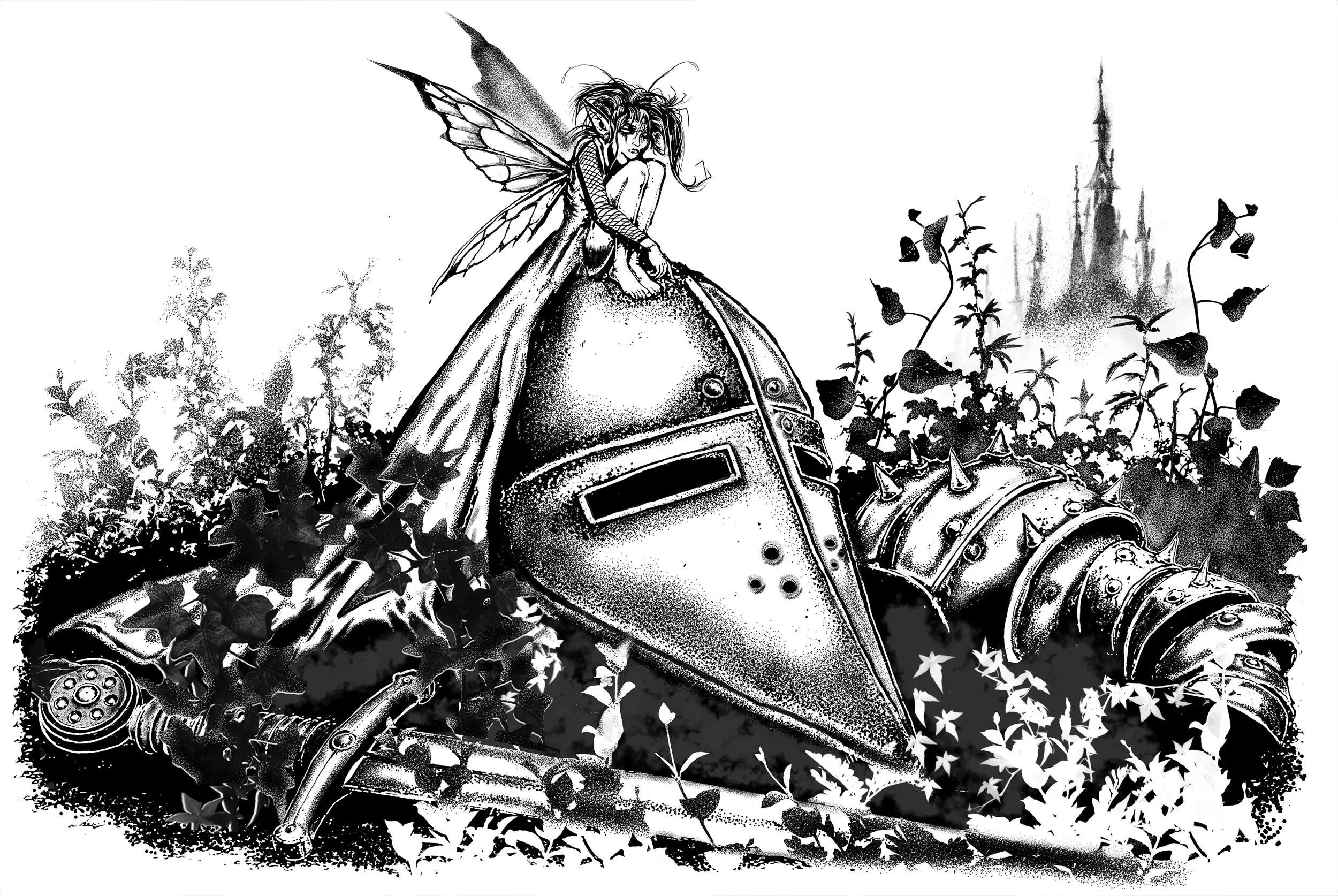 A black and white illustration of a fairy with butterfly wings sitting on a large, broken robot head amid overgrown plants and flowers, with a distant castle in the background.