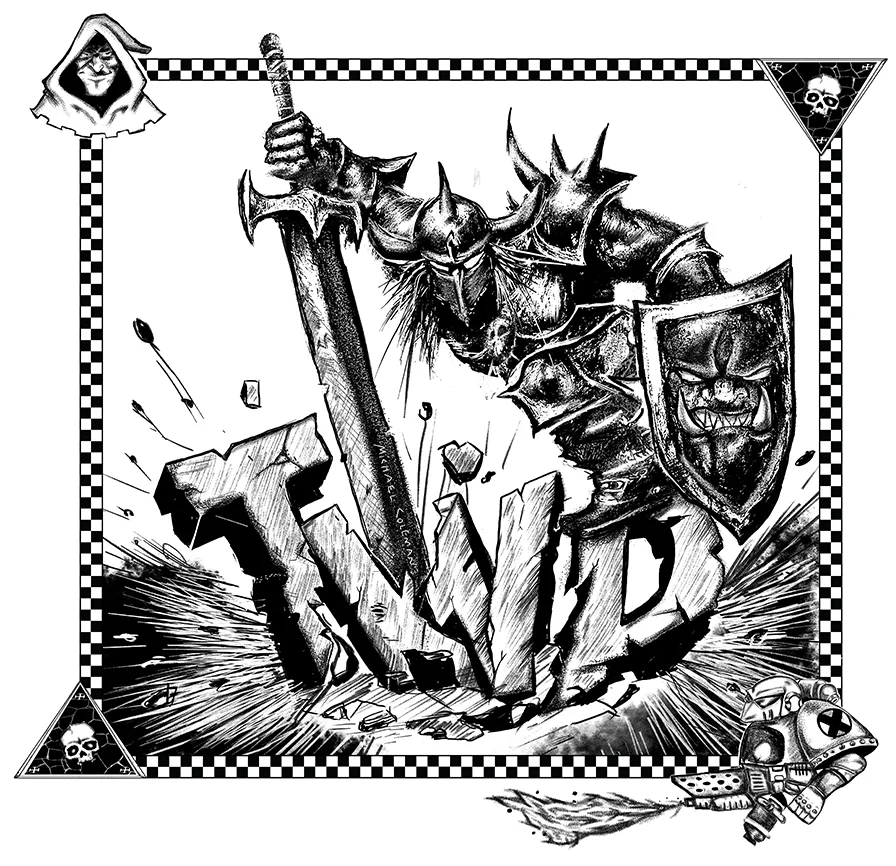 A black and white illustration of a fierce armored knight with a horned helmet, holding a sword and shield, breaking through a surface with a large impact crack, surrounded by skulls and checkered border elements, with additional armor and skull moti