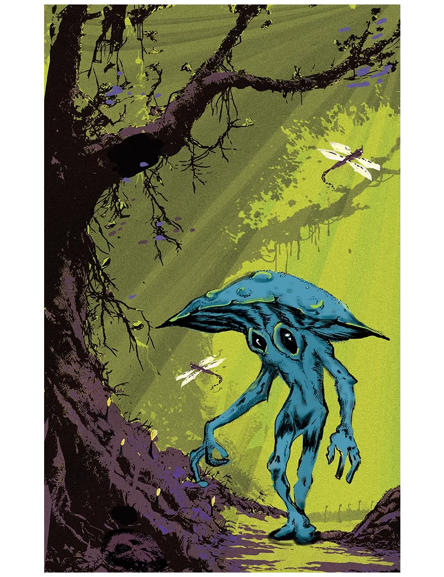 A fantasy illustration of a blue, alien-like creature with a mushroom-shaped head and large black eyes, walking in a green forest with tall trees and dragonflies flying around.