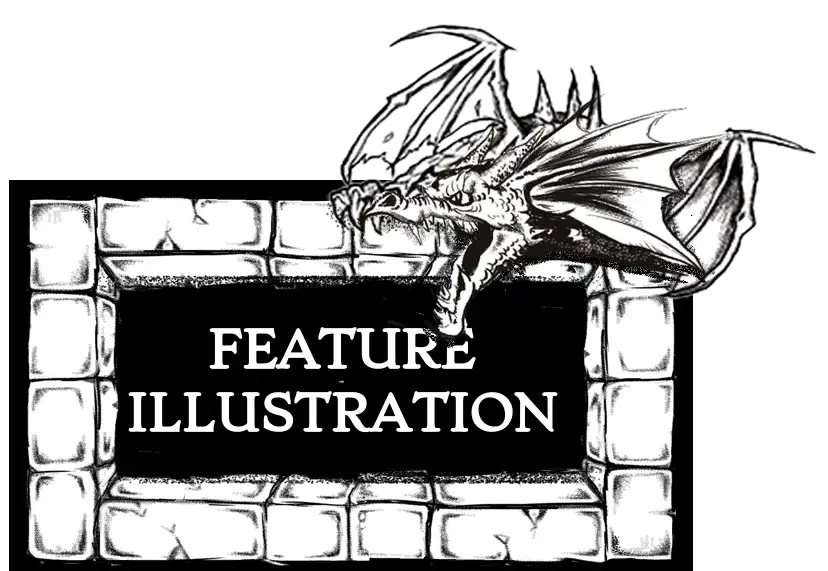 Illustration of a dragon with wings and horns perched on a brick fireplace with a black sign that reads 'Feature Illustration'.