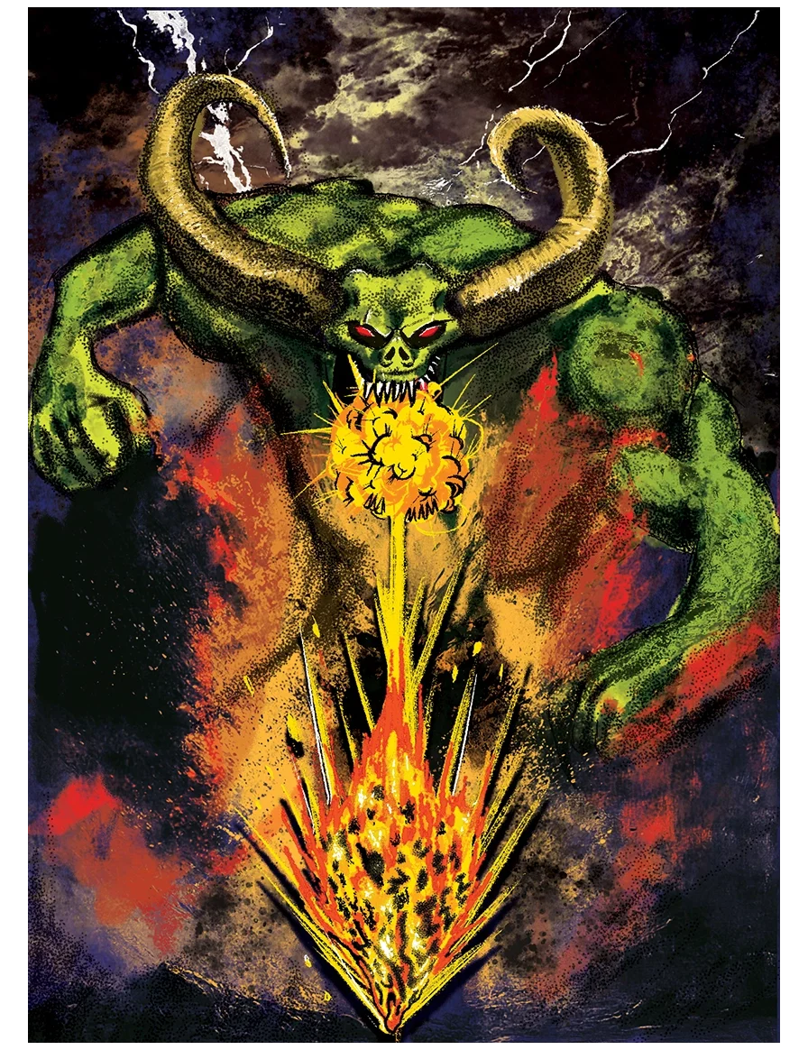 A green creature with horns and red eyes, resembling a demon or monster, is spewing fire and smoke from its mouth, set against a stormy, lightning-lit background.
