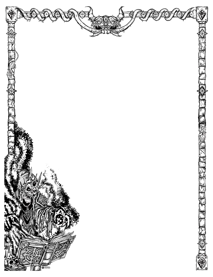 A black and white illustration of a fantasy-themed border featuring a demon-like creature with horns and a skeletal face, holding an open book with magical symbols. The decorative border is made of stone-like blocks with mystical symbols in the corne