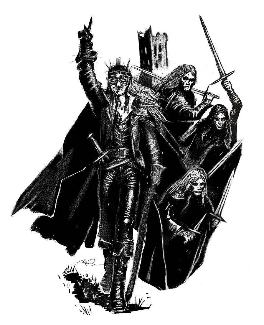 Black and white illustration of four warriors with swords, one wearing a skull mask, standing in front of ruined buildings.
