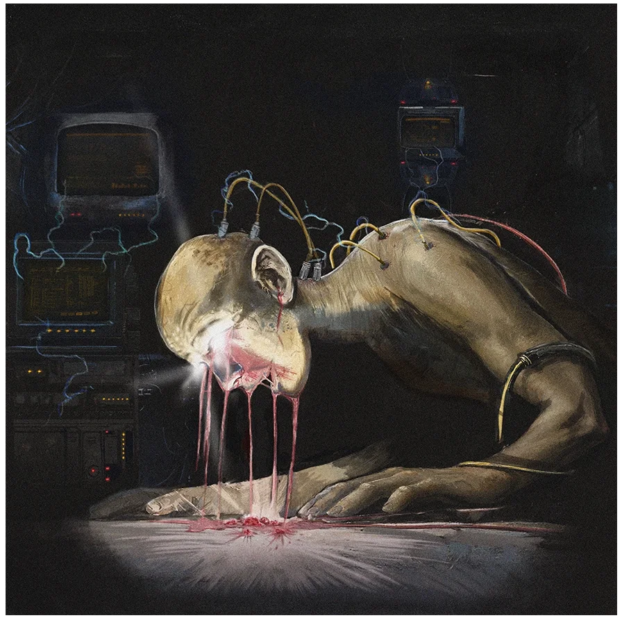 A robotic figure with a human-like head is shown in a dark environment, appearing to cry or bleed red liquid. The figure is connected to several wires and electronic devices, creating a mix of organic and technological elements.