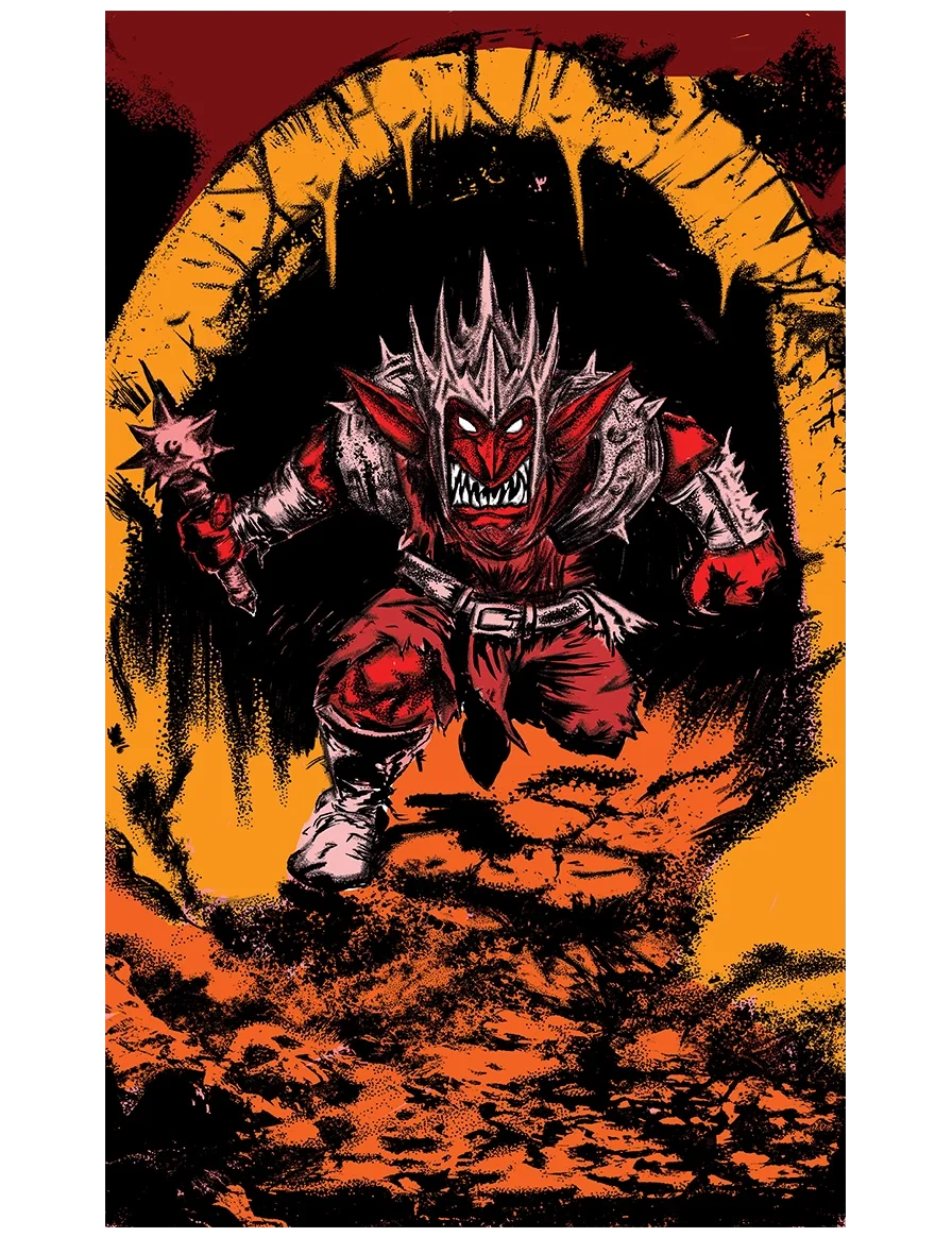 A cartoonish, menacing goblin demon with red skin, sharp teeth, and spiky hair, running forward through a fiery, orange and black background.