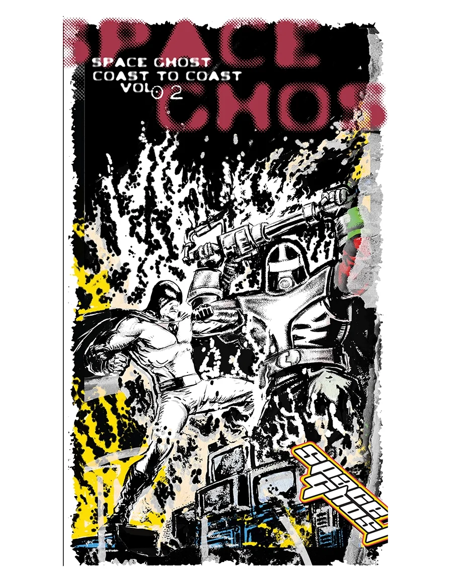 Comic book cover titled "Space Ghost Coast to Coast Volume 2" featuring a robot and a muscular man firing weapons in an urban setting with buildings, explosions, and streaks of color.