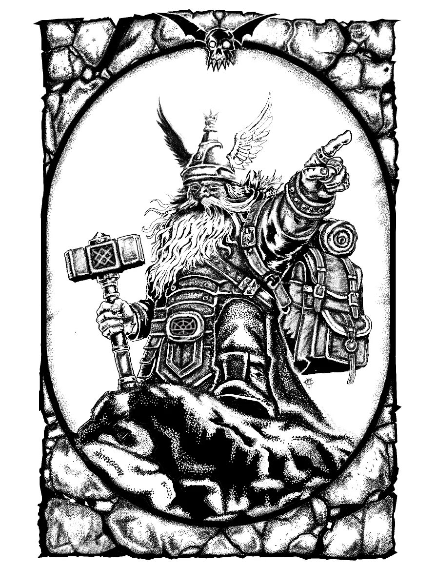 Black and white illustration of a dwarf warrior with a long beard, wearing a Viking-style helmet with wings and horns, holding a hammer, and pointing forward. The scene is framed by a stone arch with a skull and bat at the top.