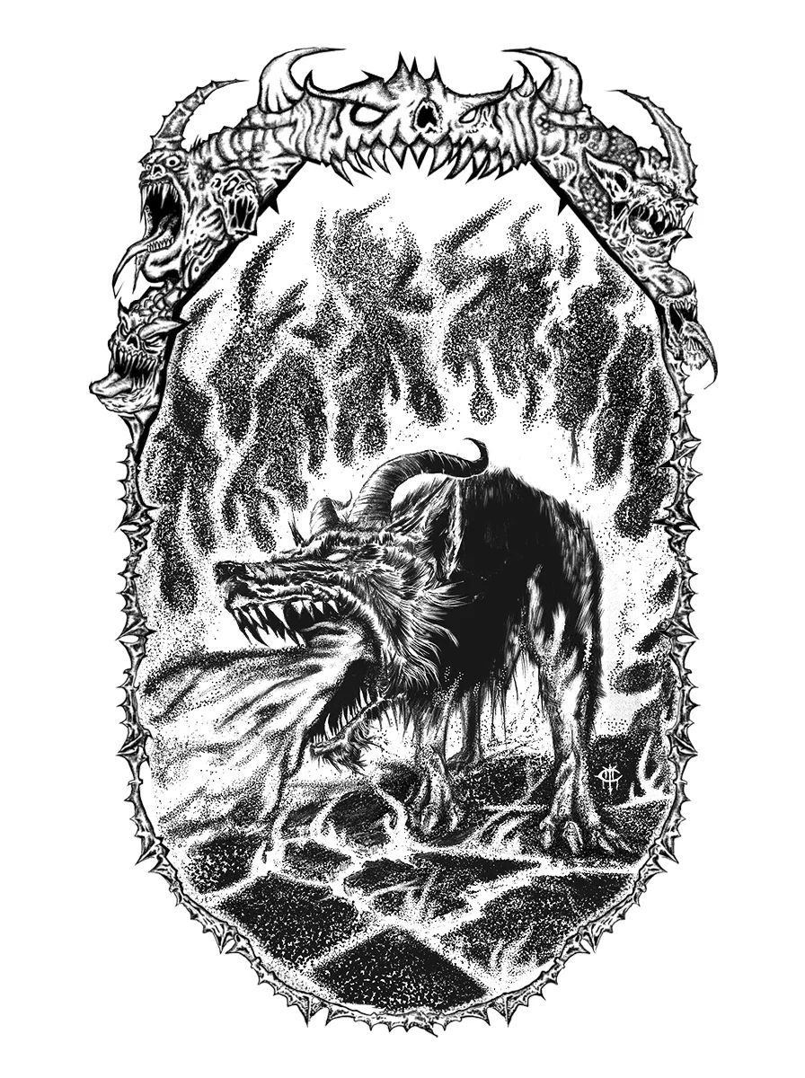 A detailed black and white illustration featuring a demonic creature with horns, sharp teeth, and a fierce expression, surrounded by a border of various monstrous faces and skulls, with a fiery background.