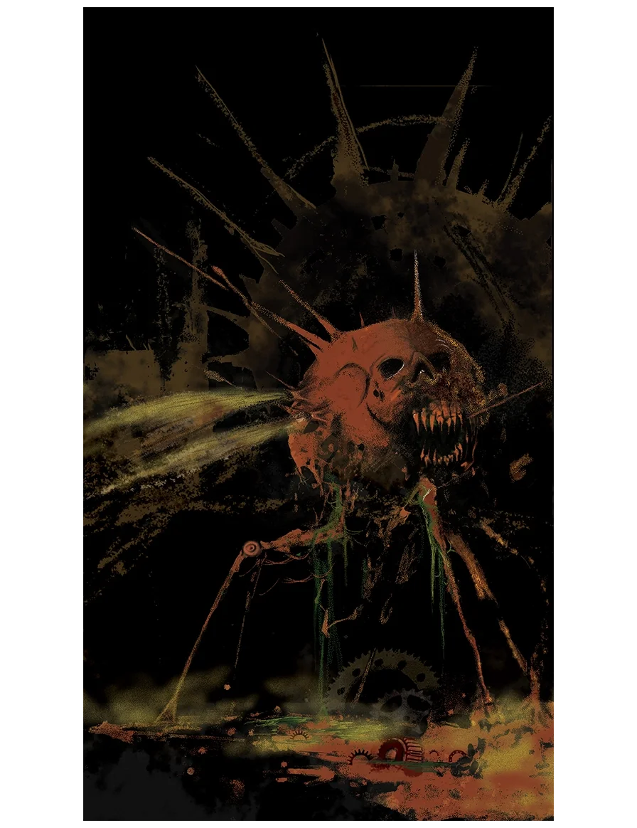 Dark, horror-themed digital artwork of a mechanical creature resembling a skull with sharp teeth and spikes, set against a black background with abstract splashes and gears.