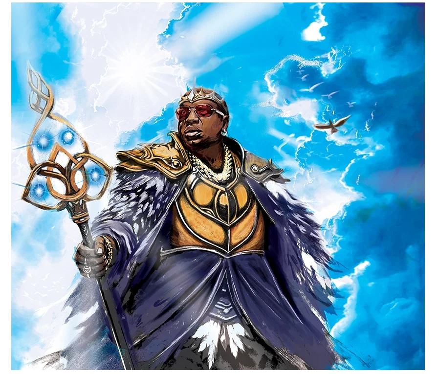 A person dressed as a fantasy king or mage with a crown, sunglasses, and ornate robes, holding a staff with glowing orbs and intricate designs, standing against a cloudy sky with birds and a bright sun.