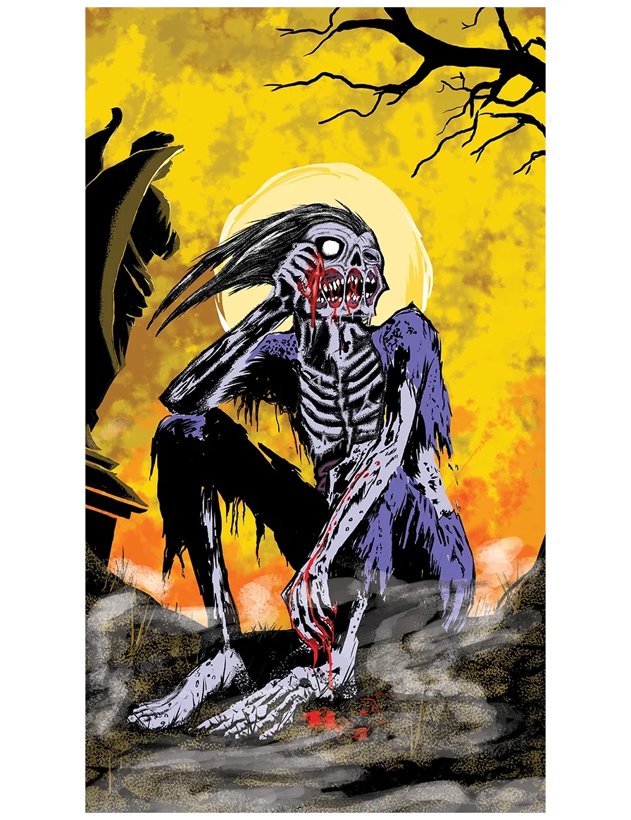 A creepy zombie creature with a skeletal face, long black hair, and tattered purple clothing, sitting on the ground with one knee up, holding its head with blood dripping from its mouth, set against a yellow and orange sunset sky with barren trees in