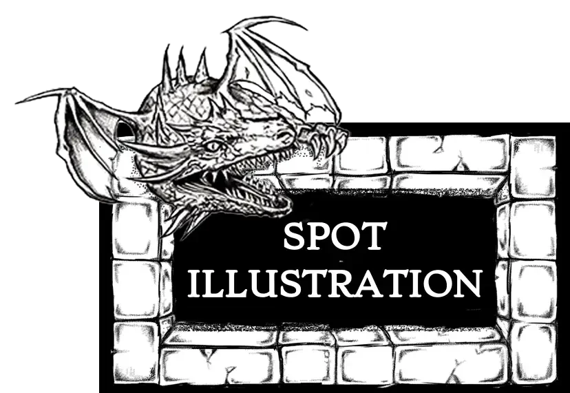 A detailed drawing of a dragon with wings and sharp teeth looking over a brick wall with a sign that reads 'Spot Illustration' in the center.