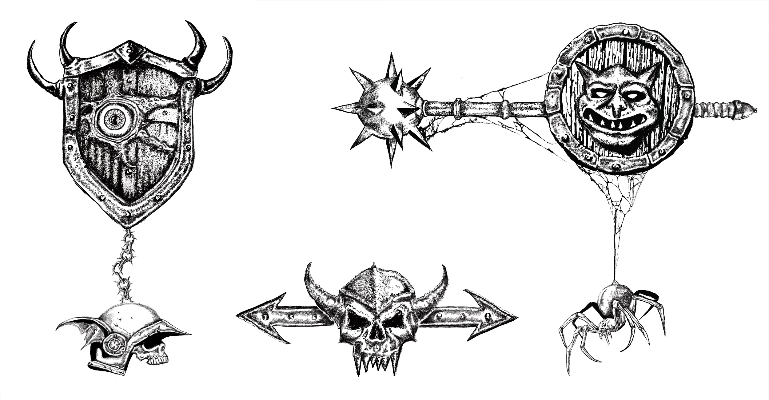 Black and white illustration of various gothic or Halloween-themed skull and monster designs, including a shield with horns, a spiked mace with a face, a skull with crossbones, and a spider.