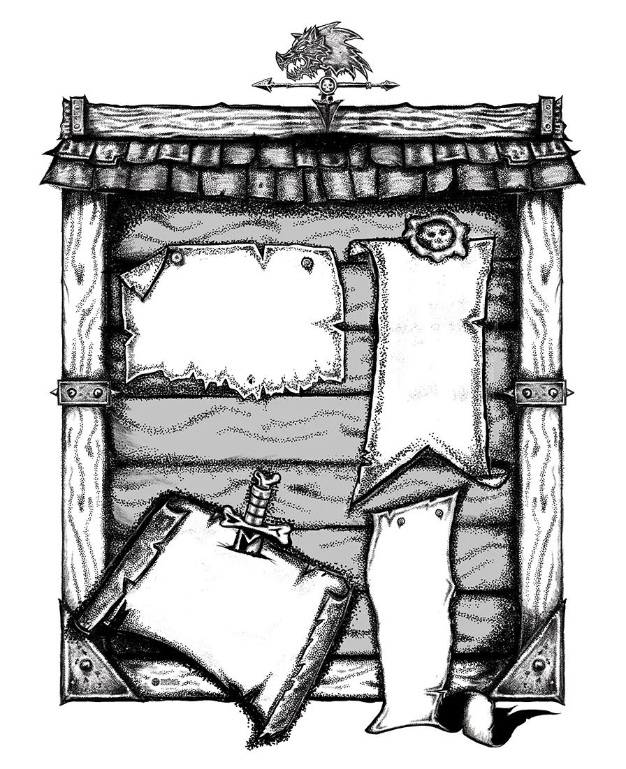 Illustration of a medieval-style board with various banners, a sword, and a wolf's head decoration at the top.