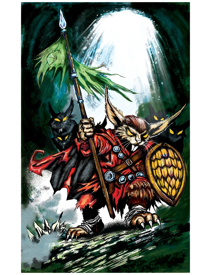 A fantasy illustration of a warrior cat with large ears, dressed in red armor, holding a spear and shield, accompanied by black cats with glowing yellow eyes, walking through a forest with a bright light shining down from above.