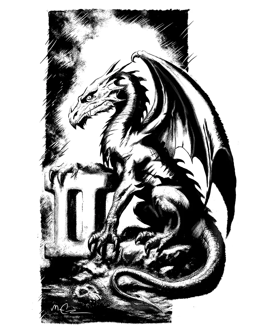 Black and white drawing of a fierce dragon with wings, perched on a rocky surface, with a background of a cloudy sky.