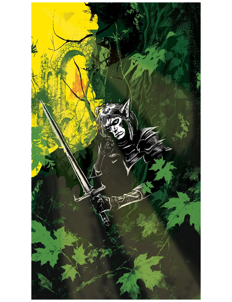 Digital illustration of a warrior with elven features, holding a sword, set in a lush, green forest with a yellow light source in the background.