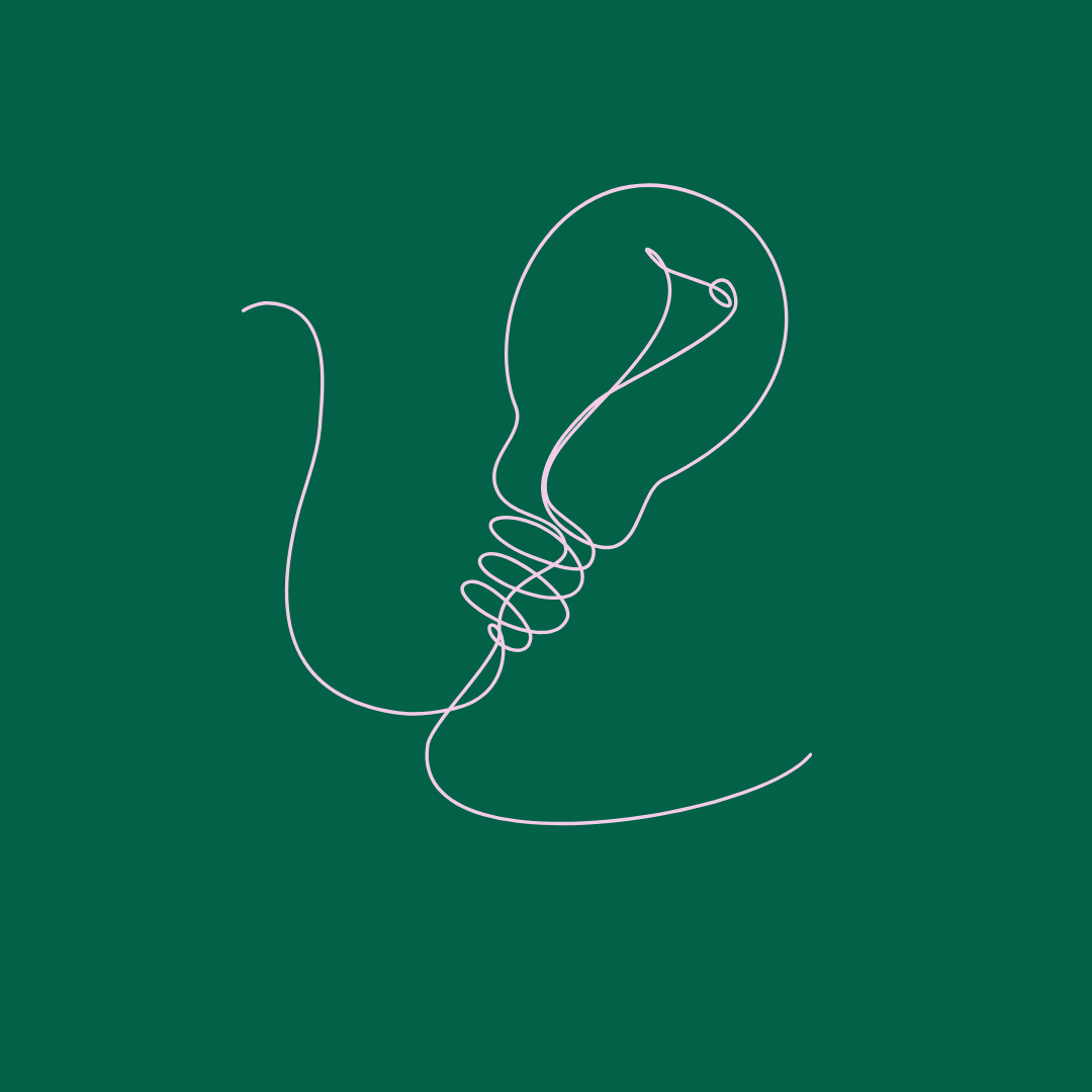 Minimalist line art illustration of a light bulb on a dark green background.