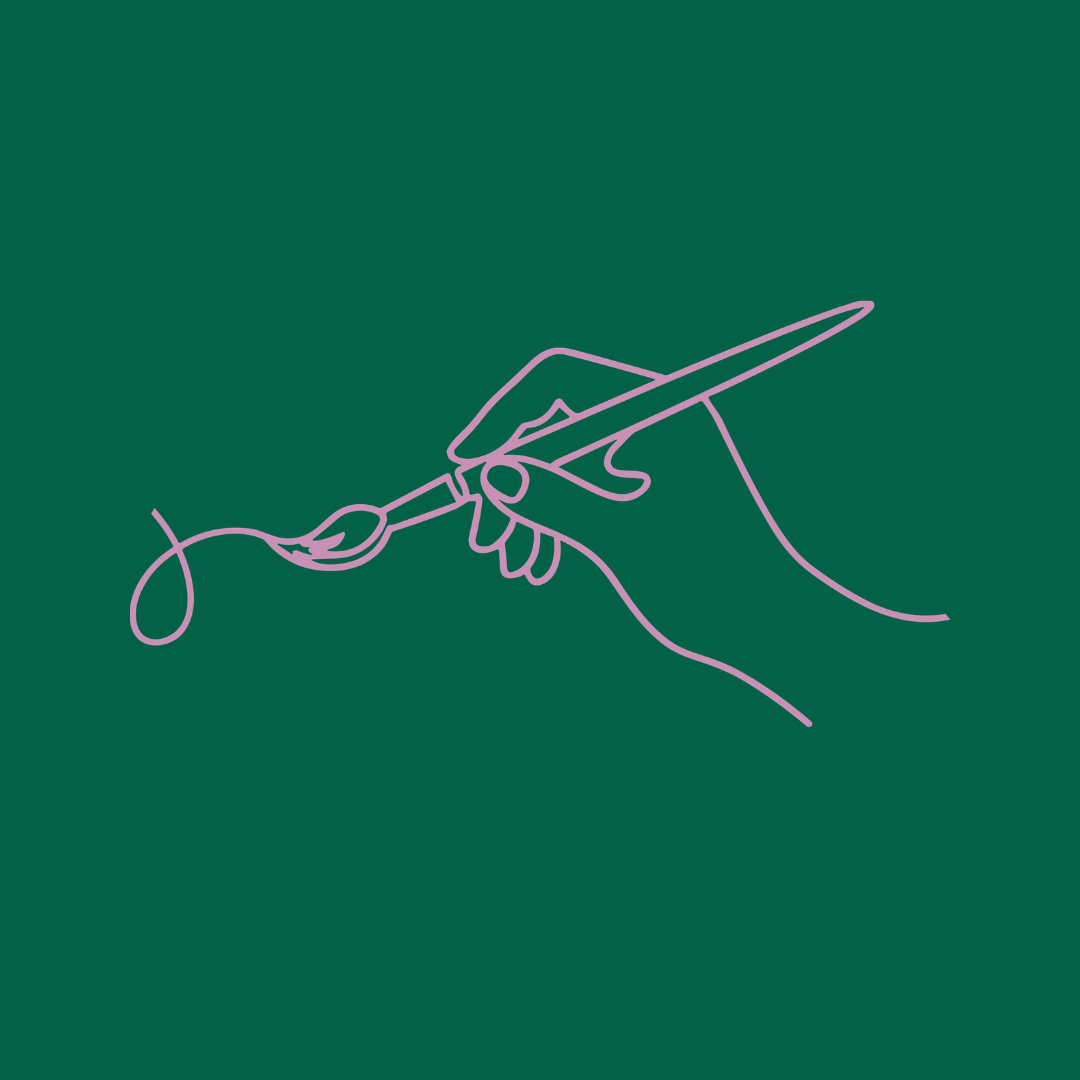 Line drawing of a hand holding a pen, writing on a surface.