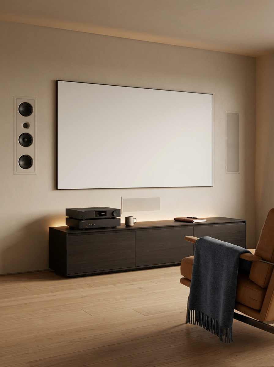 Minimalist home theater setup featuring a large blank white screen, black speaker system on the wall, a dark wooden media console with a stack of electronic devices, a cup, and a book, with a comfortable brown armchair draped with a gray blanket.
