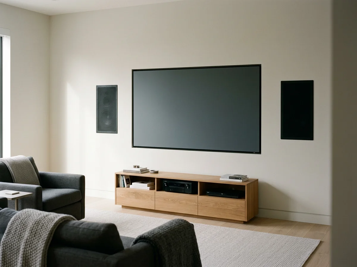 Living room with a flat-screen TV mounted on a white wall, two black speakers on either side, a wooden media console below the TV with books and electronic devices, dark gray armchairs with throws, a light-colored rug, and a large window to the left.