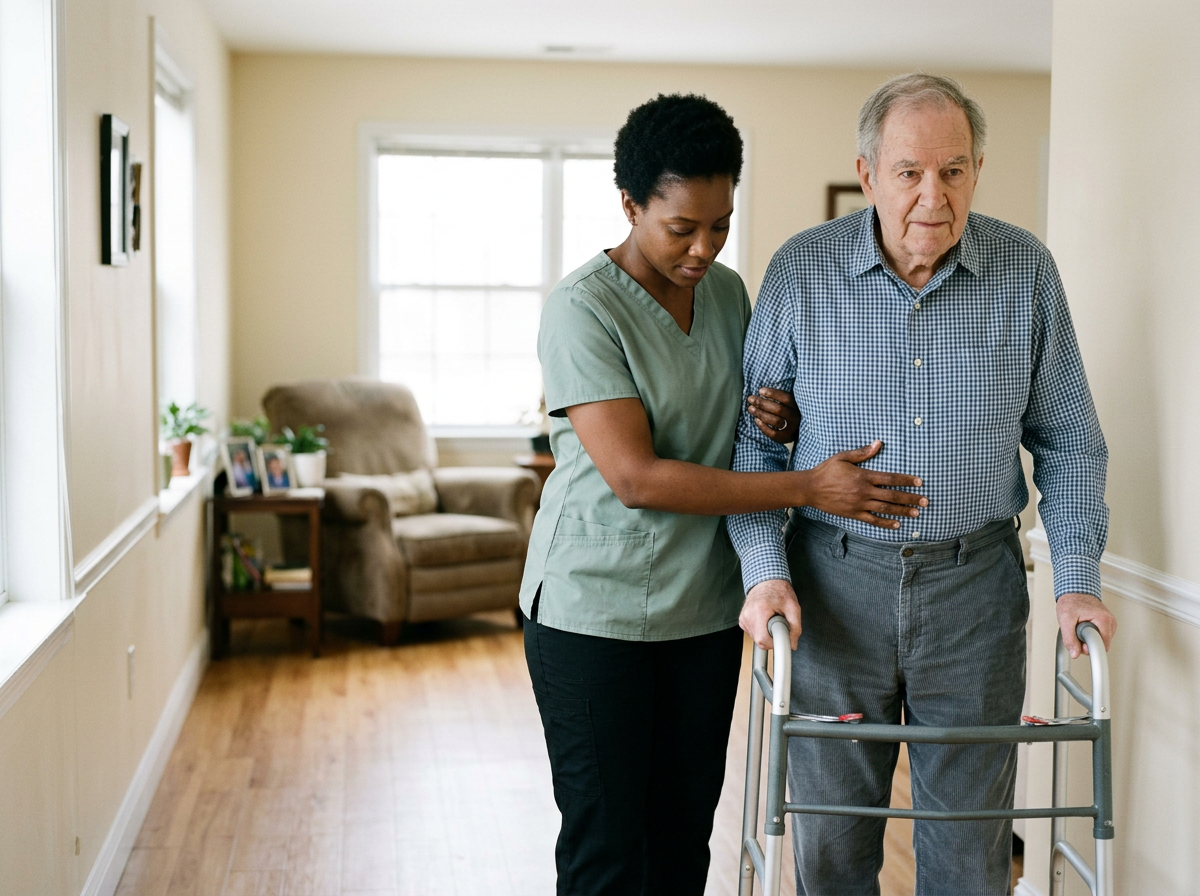 A caregiver assisting an elderly man with walking using a walker in a living room.