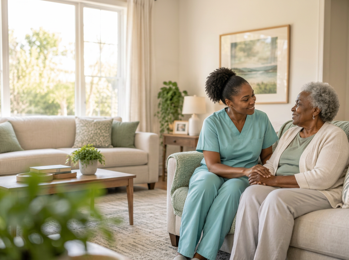 A healthcare worker, dressed in light blue scrubs, smiles and talks with an elderly woman with gray hair, wearing a beige cardigan, as they sit on a sofa in a well-lit living room.