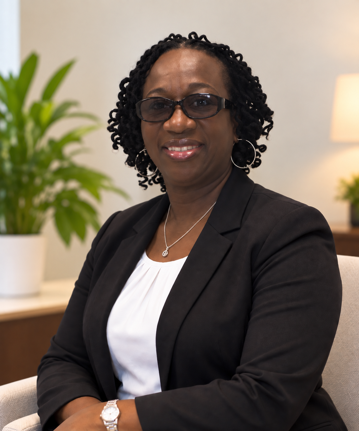 A professional woman with glasses and hoop earrings sitting in an office with a potted plant and lamp in the background.