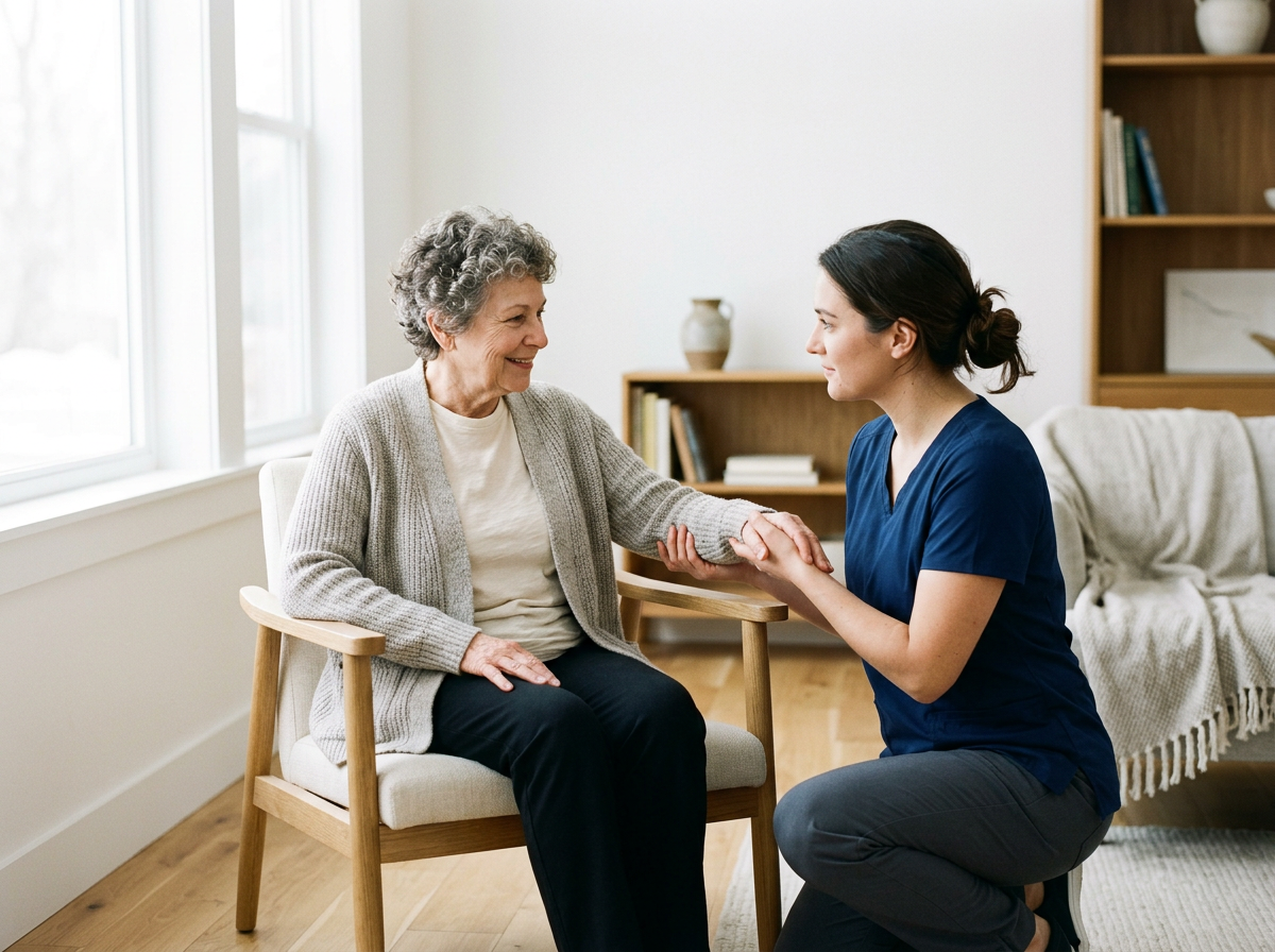 A healthcare professional in navy scrubs holding hands and talking to an elderly woman sitting in a chair in a bright, well-lit living room.