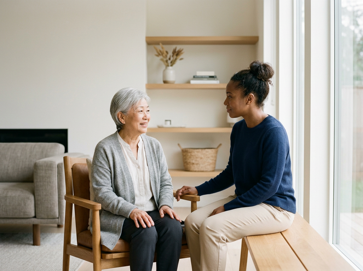 A young woman and an elderly woman having a conversation inside a bright, minimalist living room with large windows, a beige sofa, and wooden shelves with decor.