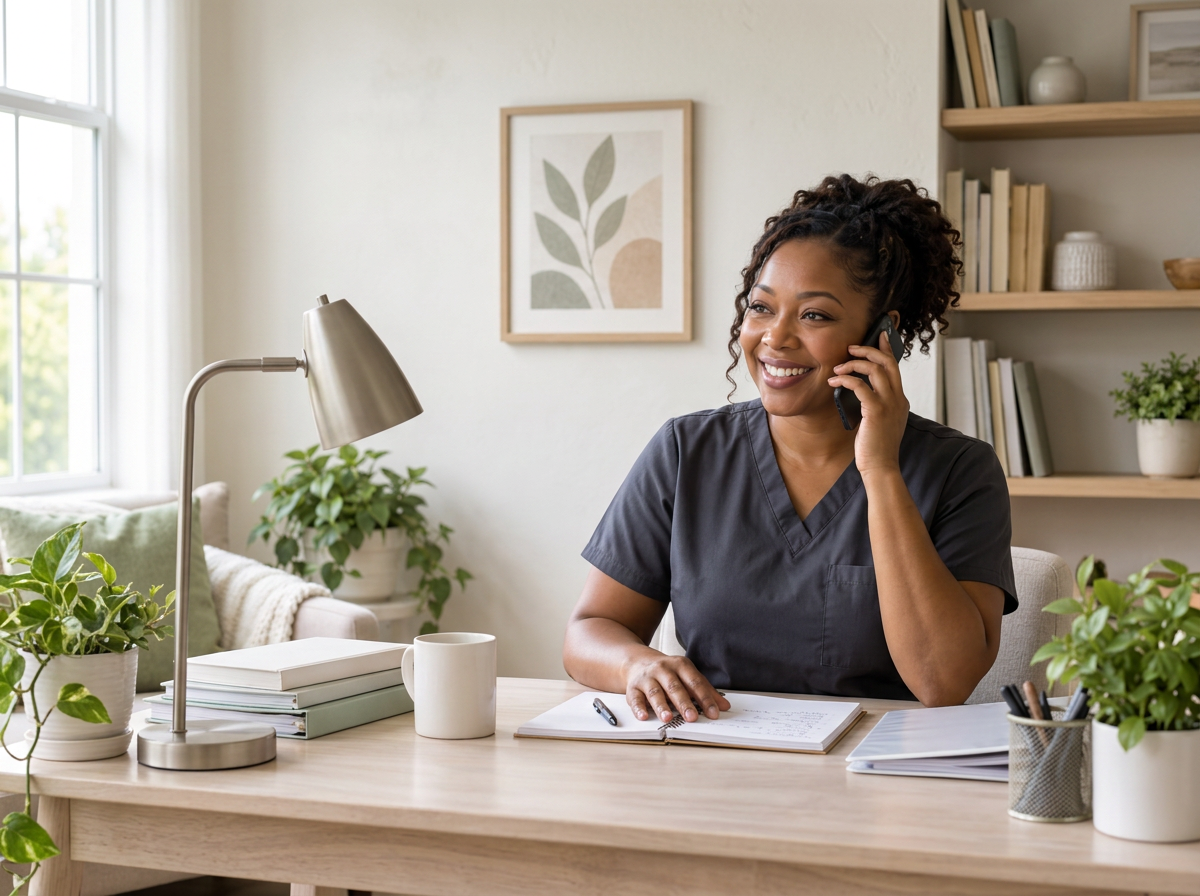 A woman in medical scrubs is sitting at a desk talking on the phone, smiling, with a notebook, pens, and plants on the desk in a bright, organized home office.
