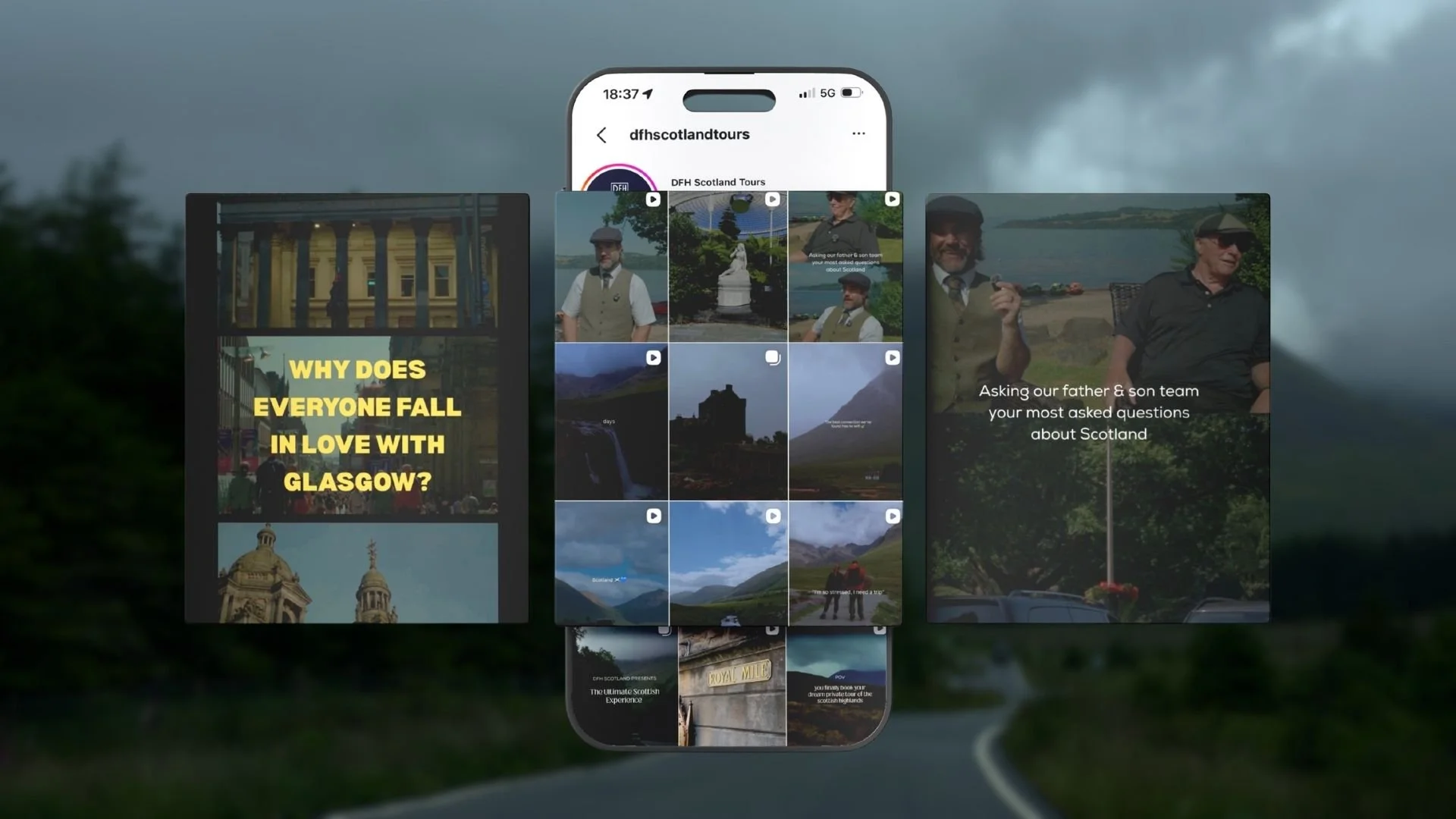 A mobile phone displaying a social media profile of DFH Scotland Tours with video thumbnails and images of Scotland, including a man in traditional Scottish attire, scenic landscapes, and iconic landmarks. Overlaid on the screen are questions about why people love Glasgow and an introduction to a Scottish experience.