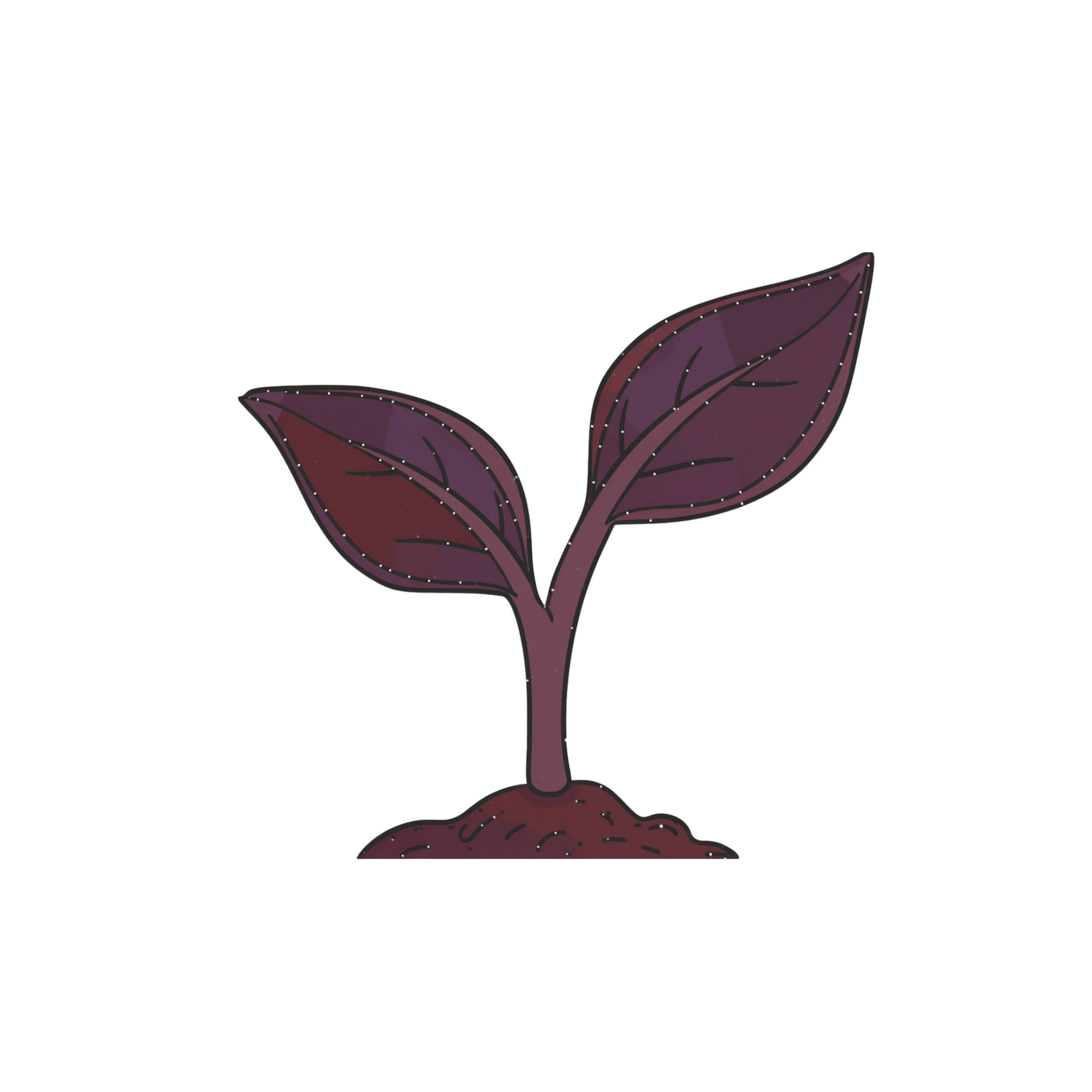 Digital illustration of purple leaves with dotted white outlines.