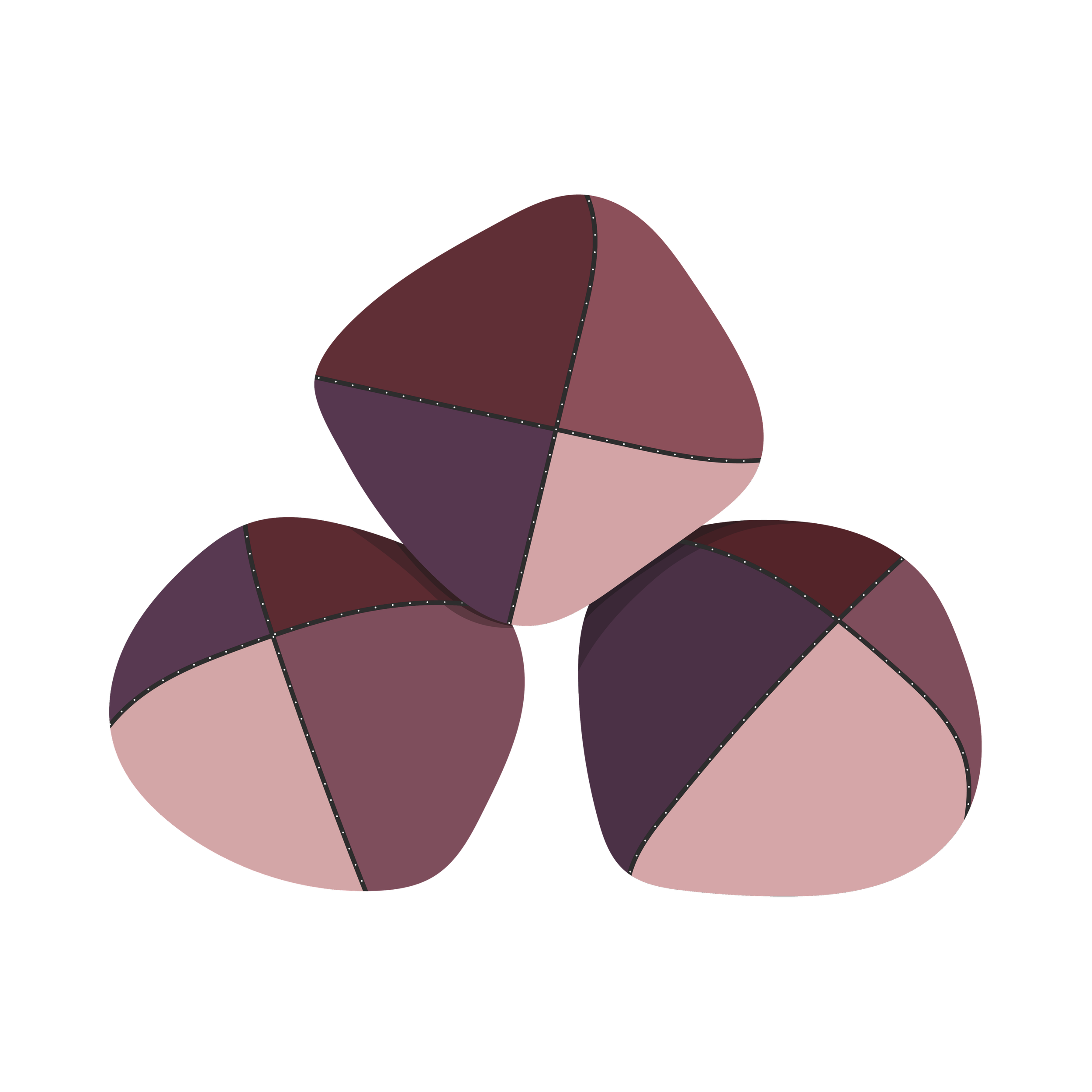 Abstract illustration of a human brain with interconnected segments in shades of purple and pink.