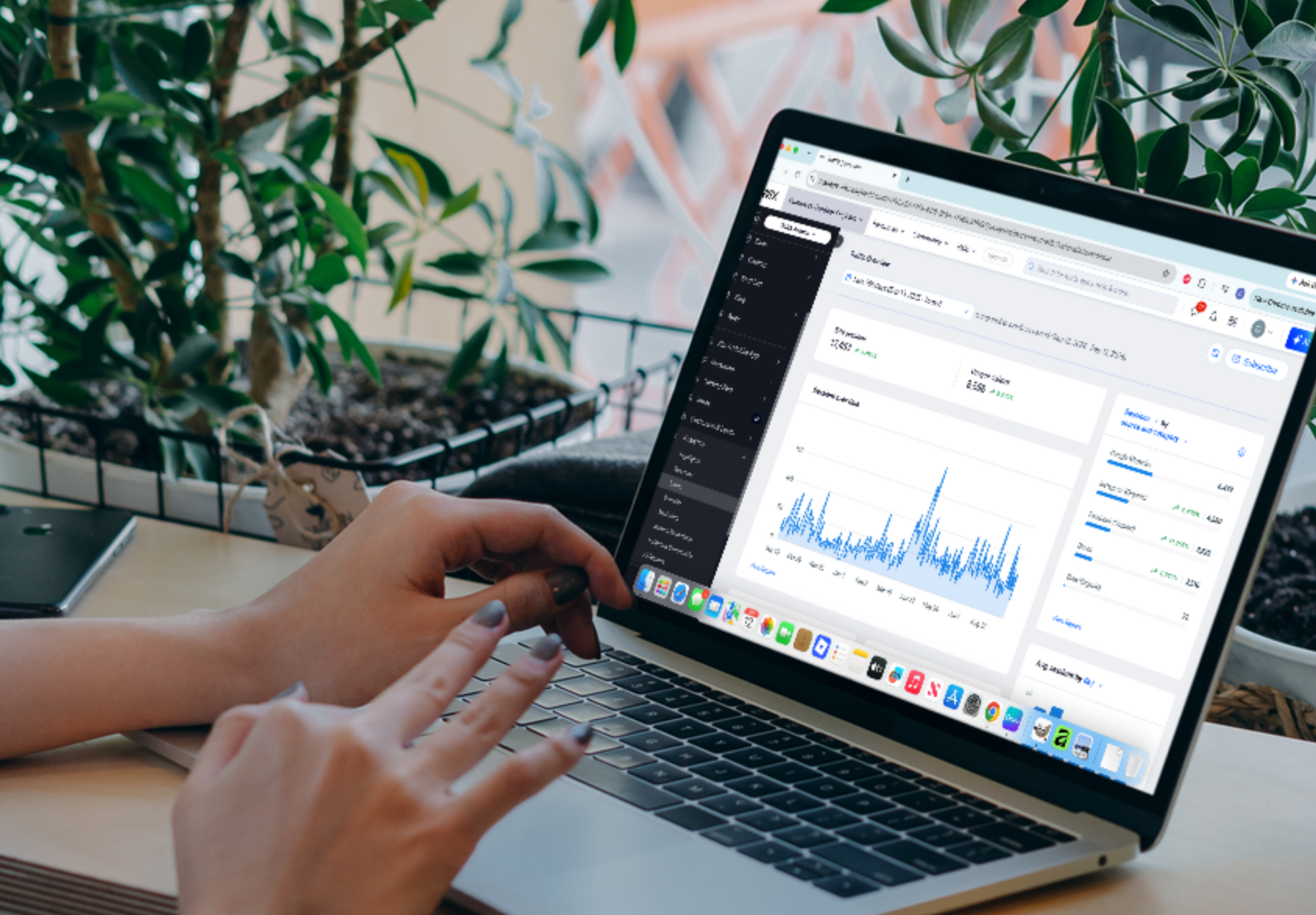 Person working on a laptop displaying analytics and graphs, with a potted plant nearby.
