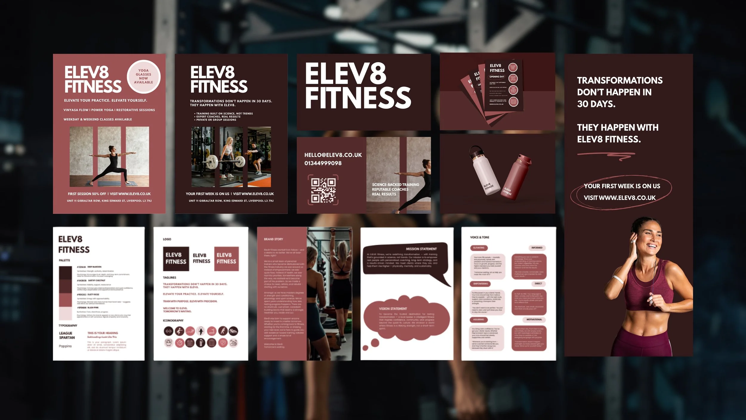 A digital collage of promotional posters and flyers for ELEV8 Fitness, featuring images of people working out, workout gear, and motivational messages in a palette of dark purple and pinks.