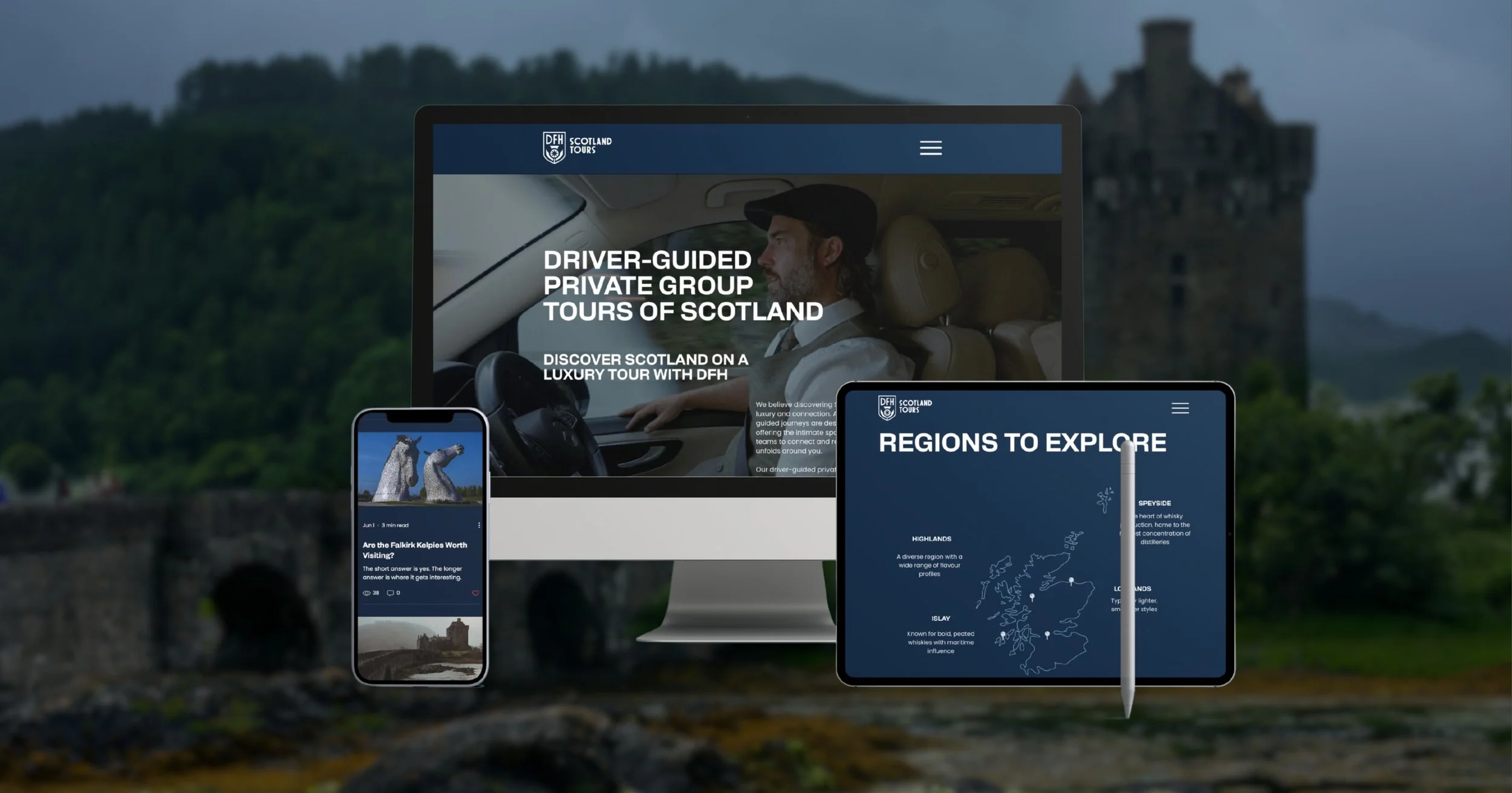 Multiple digital devices displaying Scotland tours website, with a historic castle in the background.