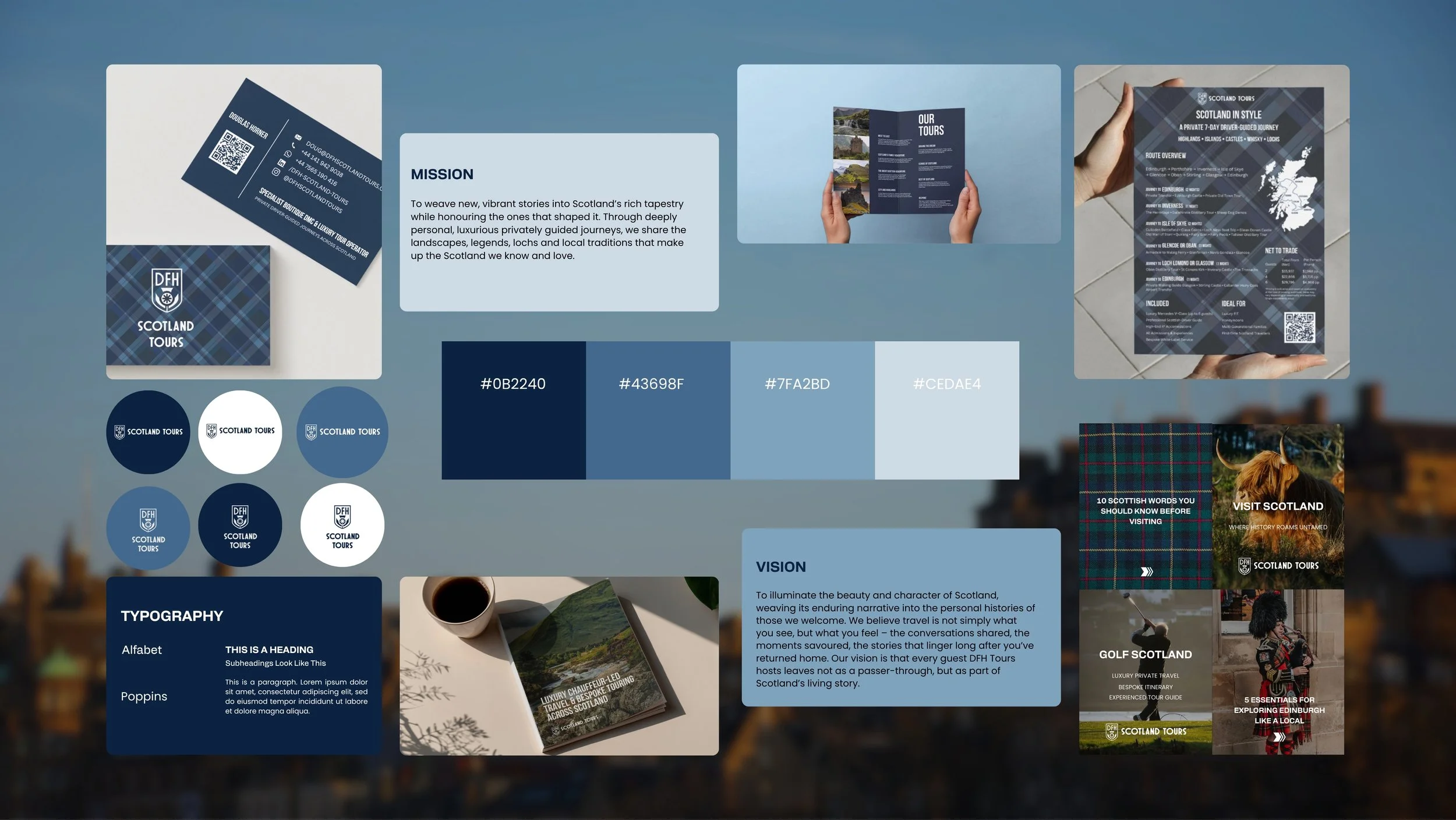 A branding and marketing presentation slide for Scotland Tours, featuring various brochures, color palette, mission and vision statements, typography, and images of scenic landscapes, Highland cattle, and tour activities.