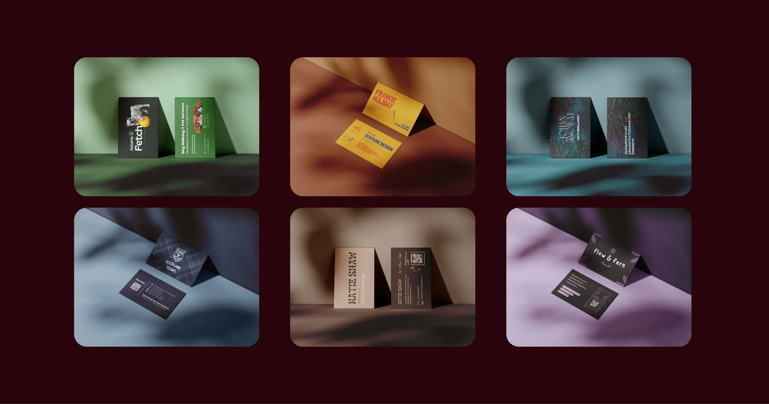 Six different business or event cards displayed on colourful backgrounds.