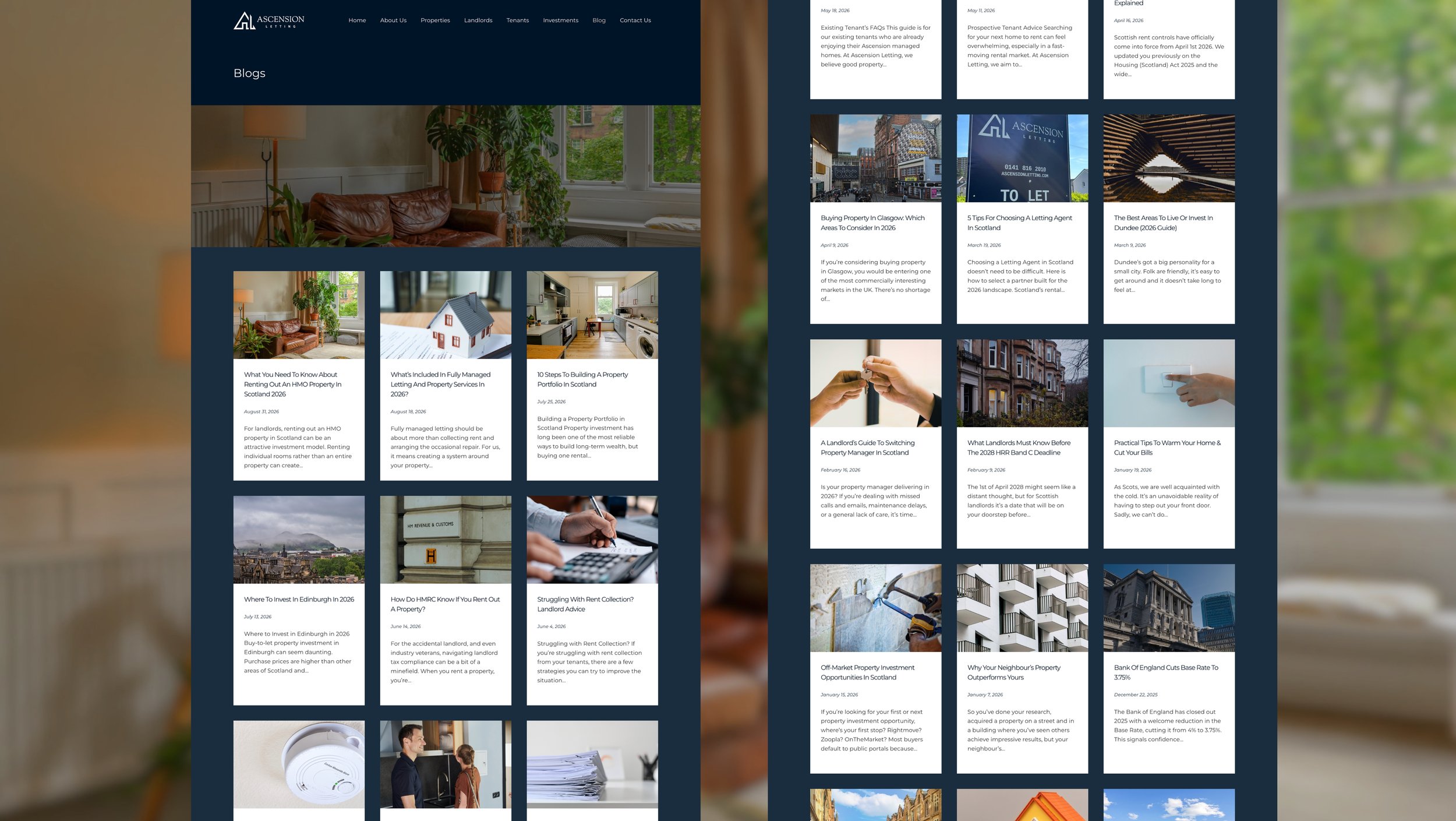 Screenshots of real estate blog website pages with articles and images related to property renting, buying, and investing in Scotland, with a dark blue background and white text.