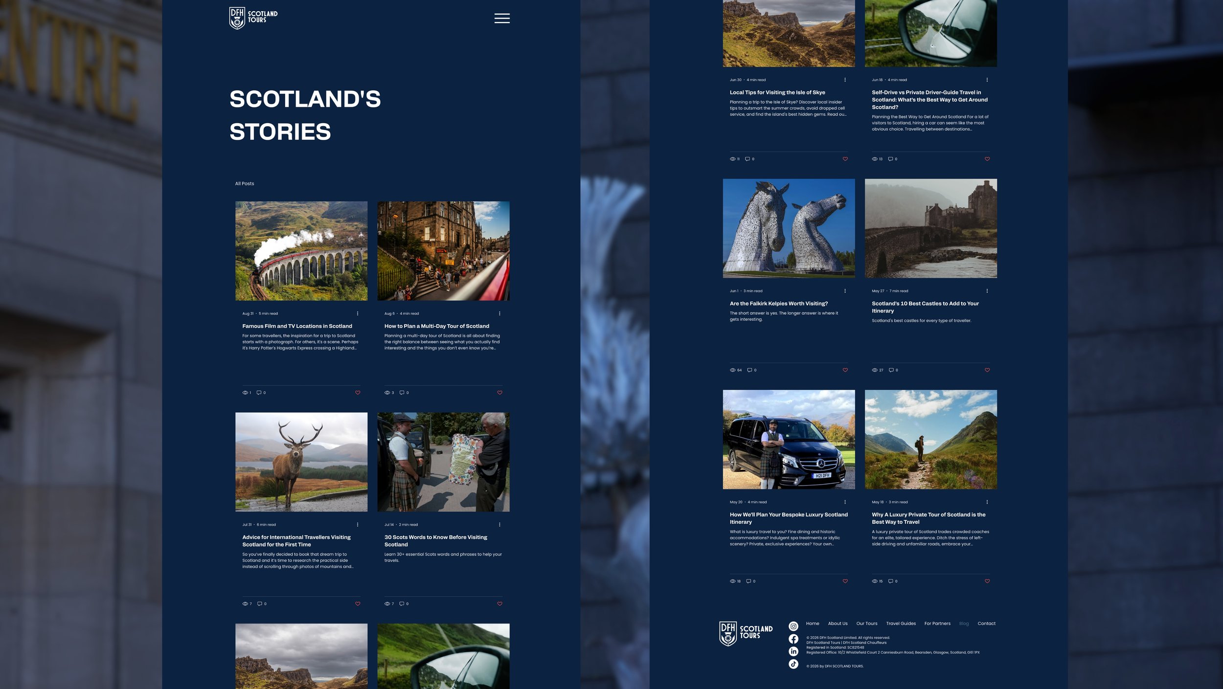 Screenshot of a website titled 'Scotland's Stories', featuring various travel articles and images related to Scotland, including landscapes, historic sites, and cultural activities, with a dark blue theme. Freelance Copywriter Scotland.