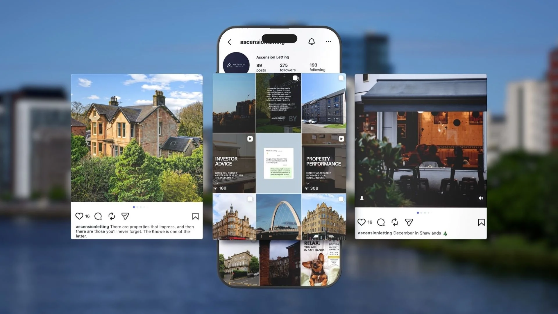 A smartphone displaying an Instagram profile for Ascension Letting, with various property images and posts. The background is a blurred outdoor scene with buildings and a clear sky.