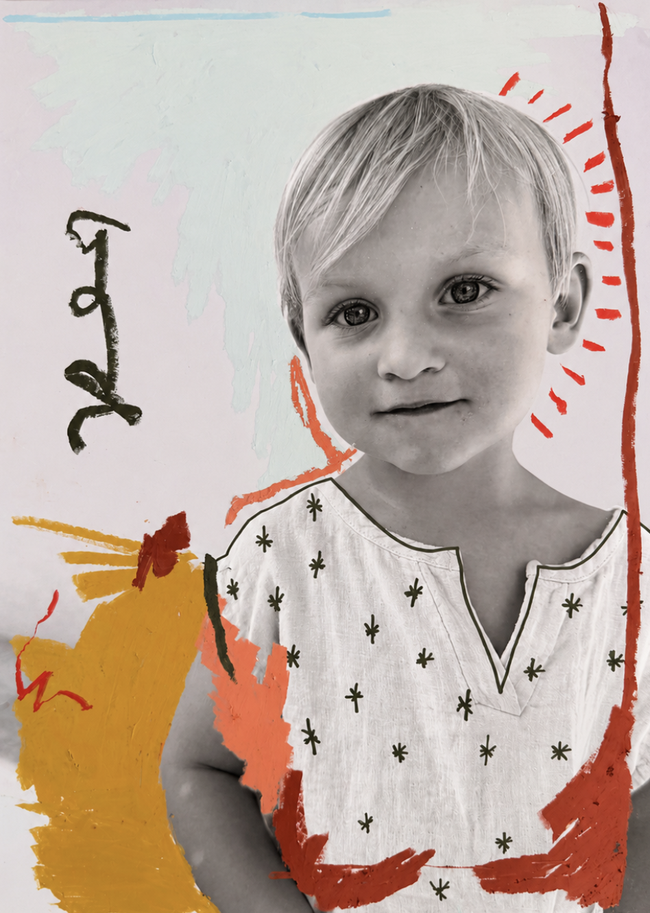 Personalised family portrait by Studio Souly featuring a child with hand-drawn graphic details in red, orange and black.