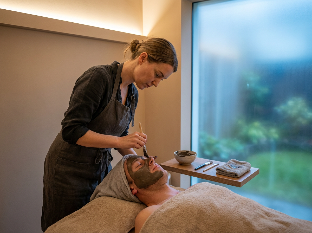 A woman receiving a facial treatment with a facial mask, lying on a massage table, while a spa therapist applies the mask with a brush. The setting is a spa room with soft lighting and a large window showing a blurry view of greenery outside.