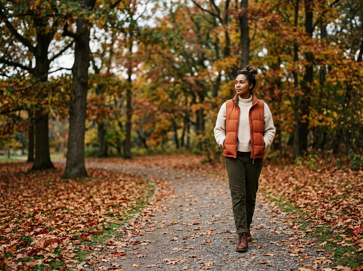 A woman walking alone on a leaf-covered path in a park during autumn, surrounded by trees with colorful fall foliage.